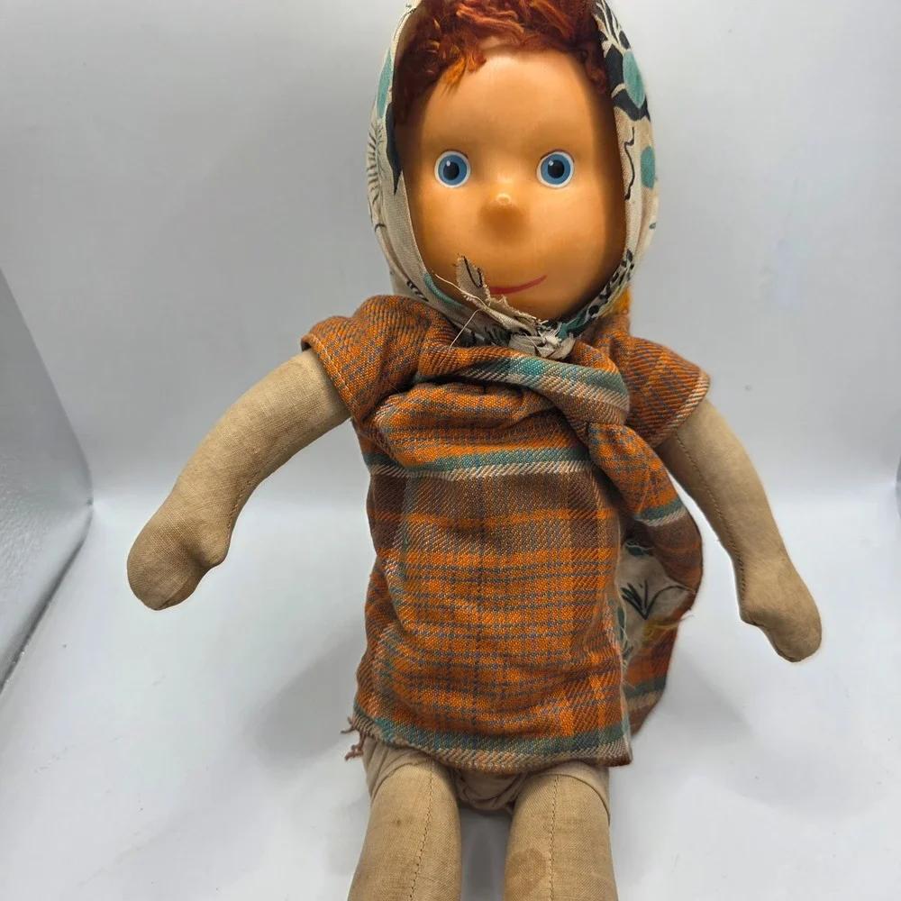 Old Cloth Doll Mask Face Red Yarn Hair Plaid Dress Bonnet Primitive Doll As Is